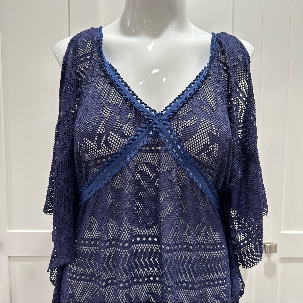Becca Blue Cold Shoulder Sheer Swim Coverup Size Small - Picture 2 of 5